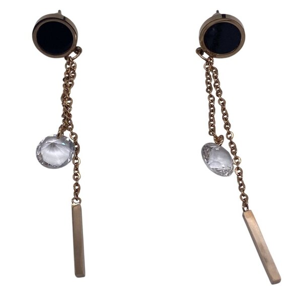 Tuqia Women’s Stainless Steel Tassel Earrings 8mm Clear Crystal Dangle Gold - Picture 1 of 10